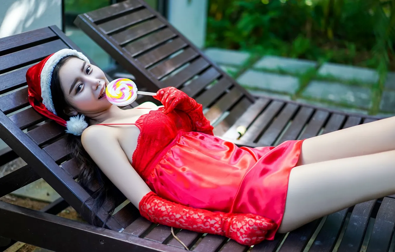 Photo wallpaper girl, Lollipop, sunbed, in red, cap