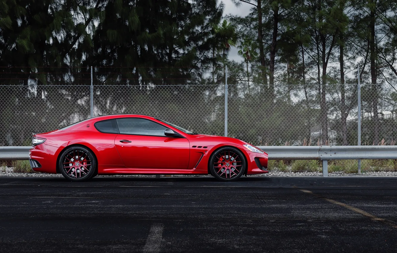 Photo wallpaper trees, red, Maserati, the fence, profile, red, Maserati, wheels