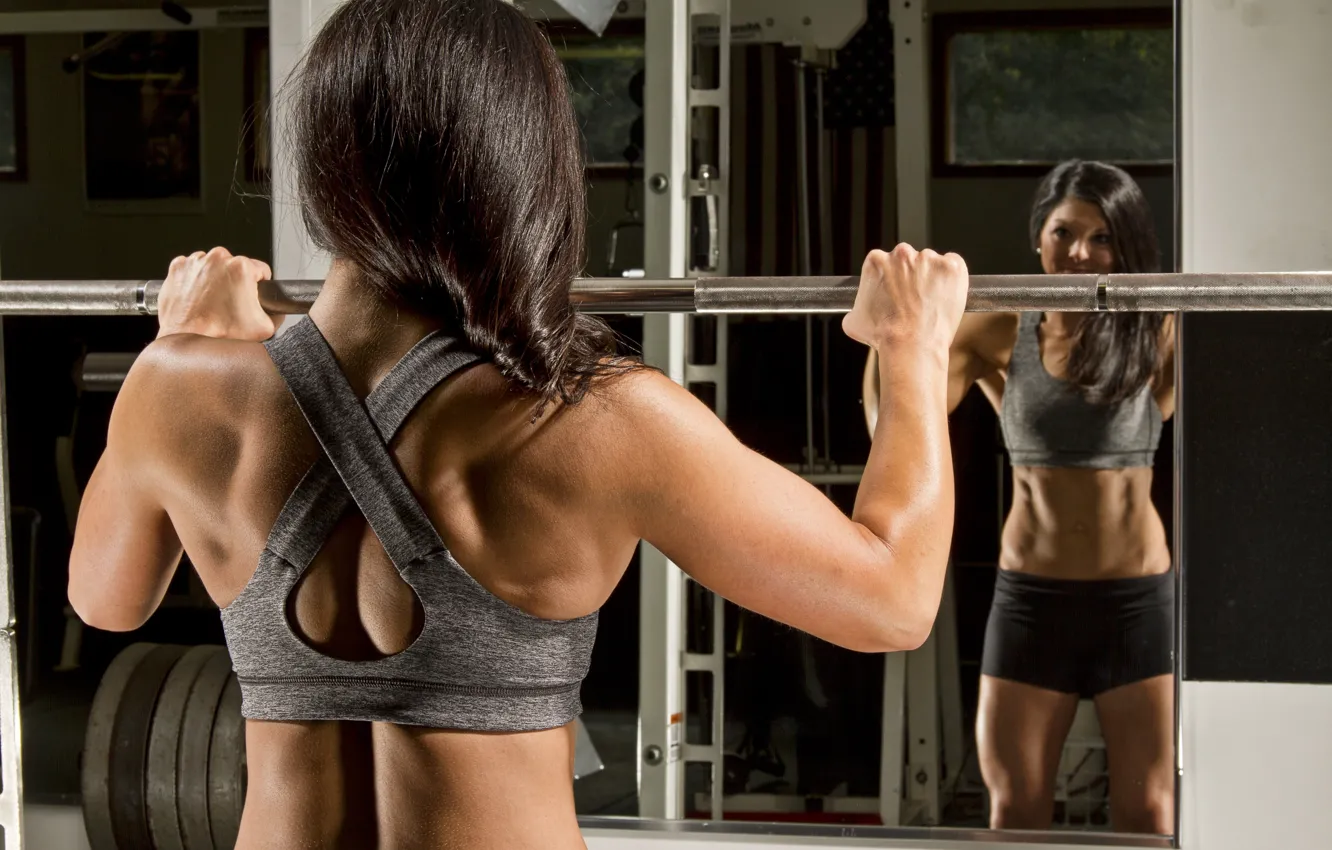 Photo wallpaper brunette, mirror, workout, fitness