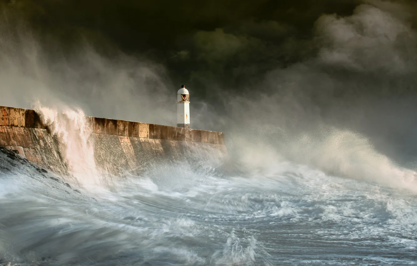 Photo wallpaper sea, wave, storm, lighthouse, the fence, the breakwater, gloomy sky
