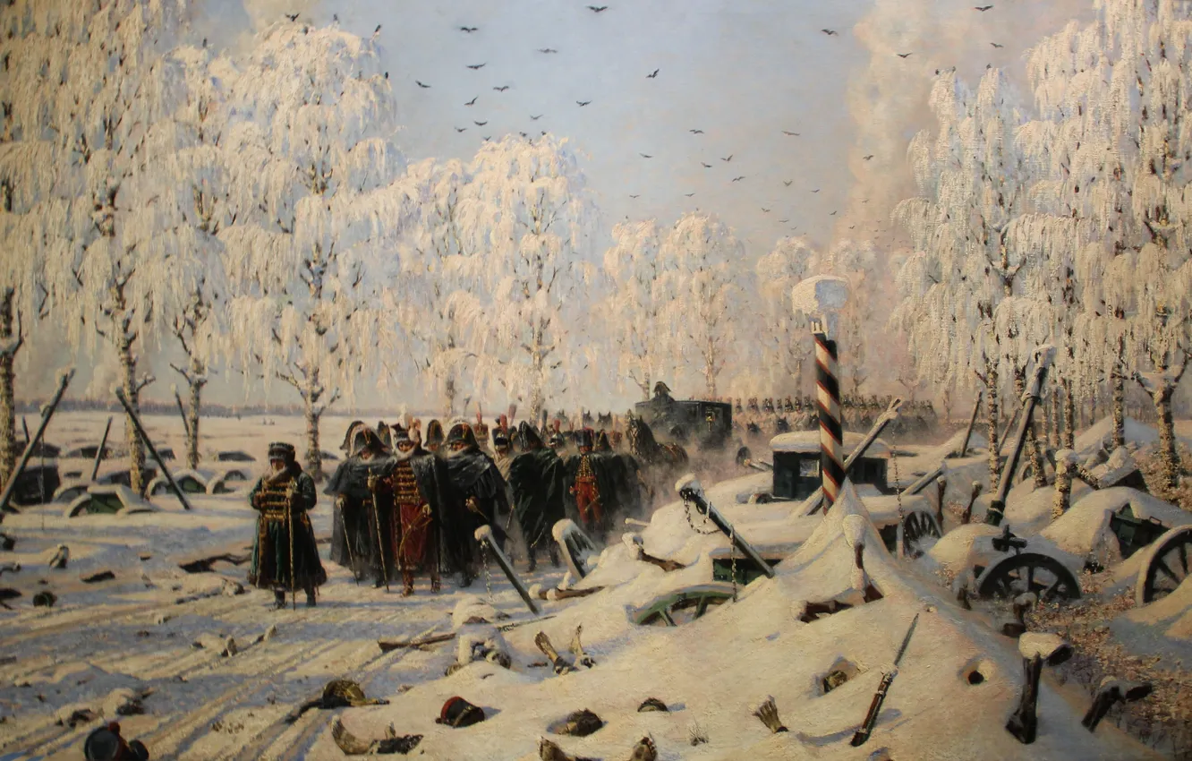 Photo wallpaper winter, snow, picture, soldiers, the Frenchman, Russian painter, On the high road. Retreat flight, Vasily …