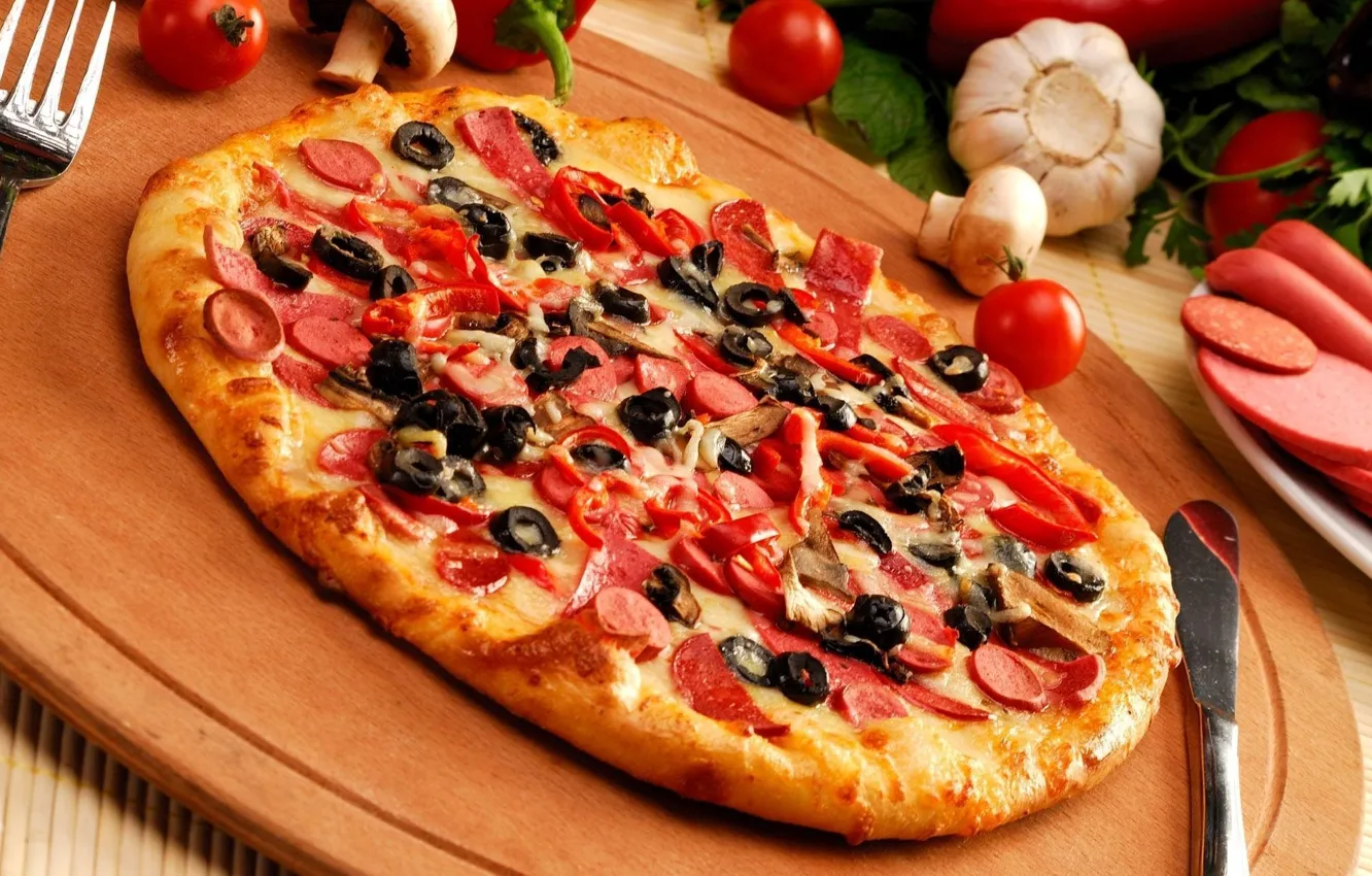Photo wallpaper mushrooms, cheese, knife, pepper, plug, pizza, olives, garlic