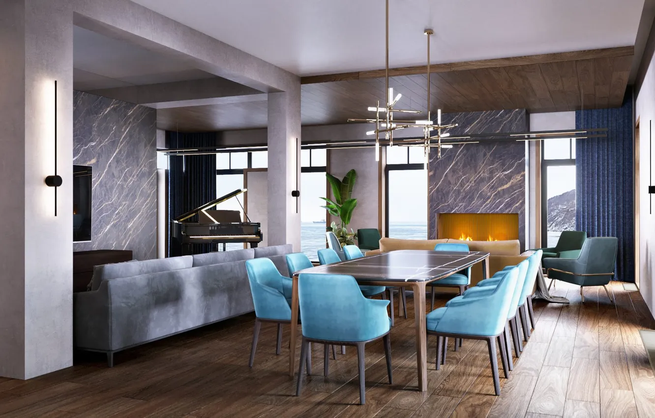 Photo wallpaper design, style, interior, piano, fireplace, living room, dining room
