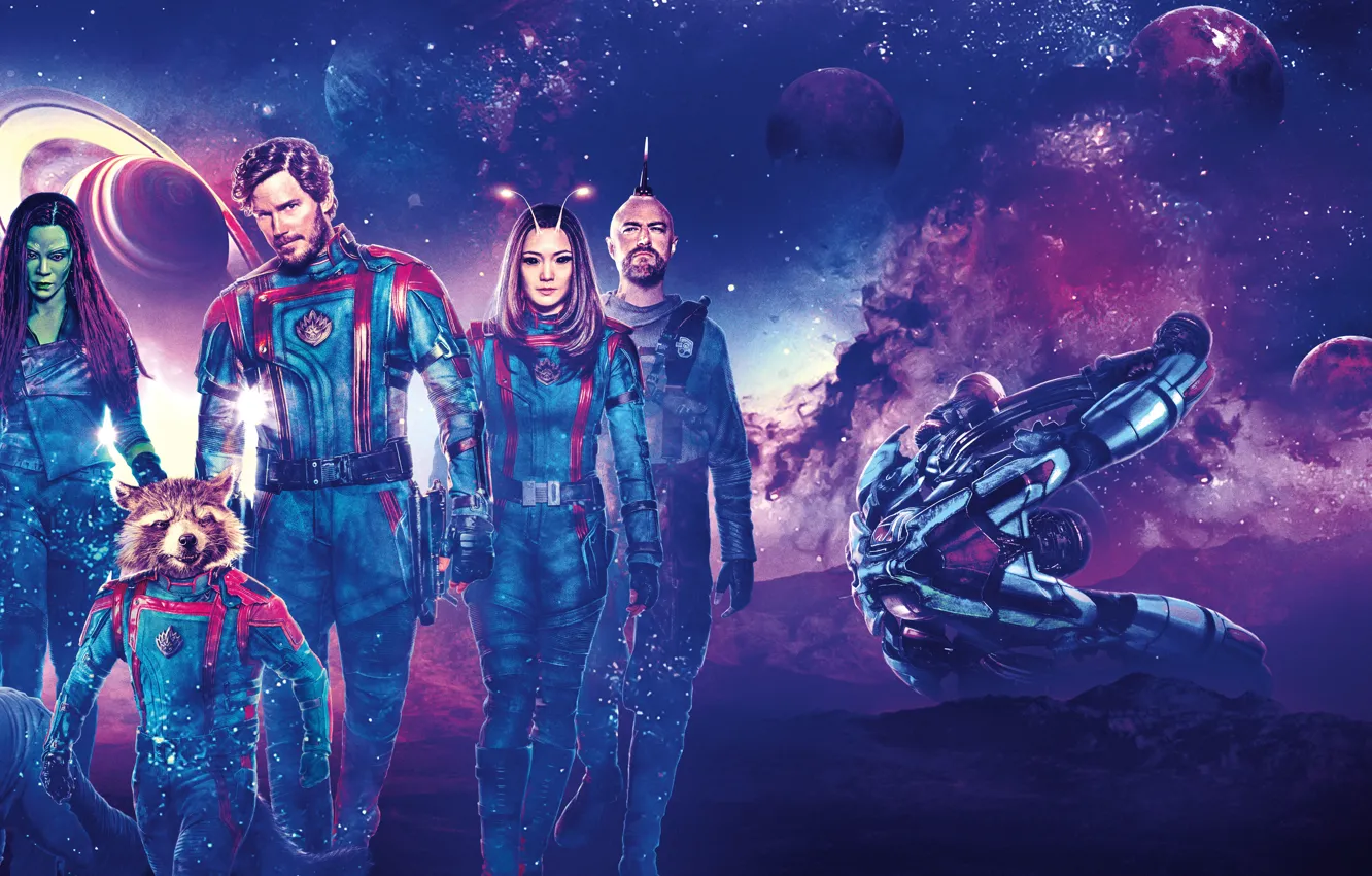 Photo wallpaper Girl, Dog, Planet, Bradley Cooper, VIN Diesel, Zoe Saldana, Fiction, Raccoon