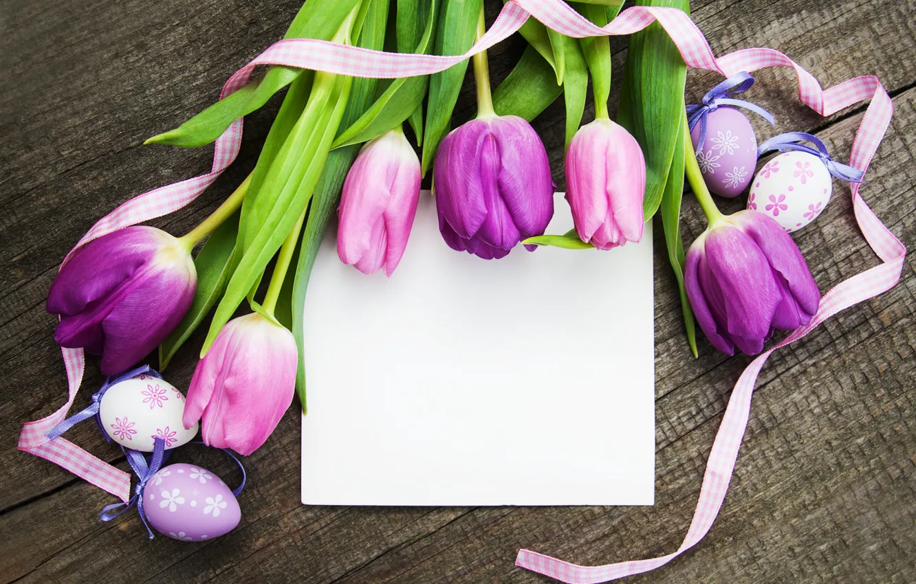 Photo wallpaper flowers, eggs, spring, colorful, Easter, tulips, wood, pink