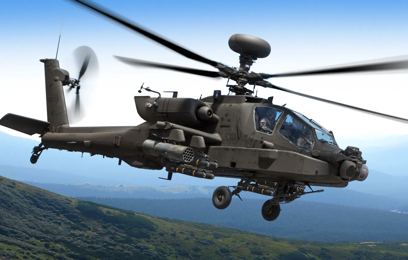Photo wallpaper the sky, mountains, helicopter, flight, Apache, AH-64D, shock, Longbow