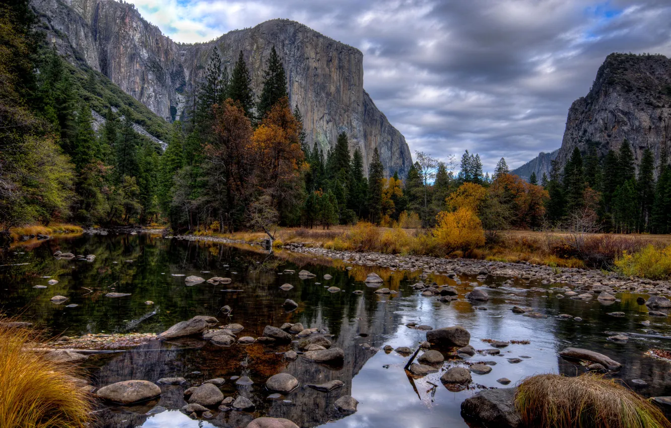 Photo wallpaper autumn, the sky, trees, mountains, river, stones, rocks, USA