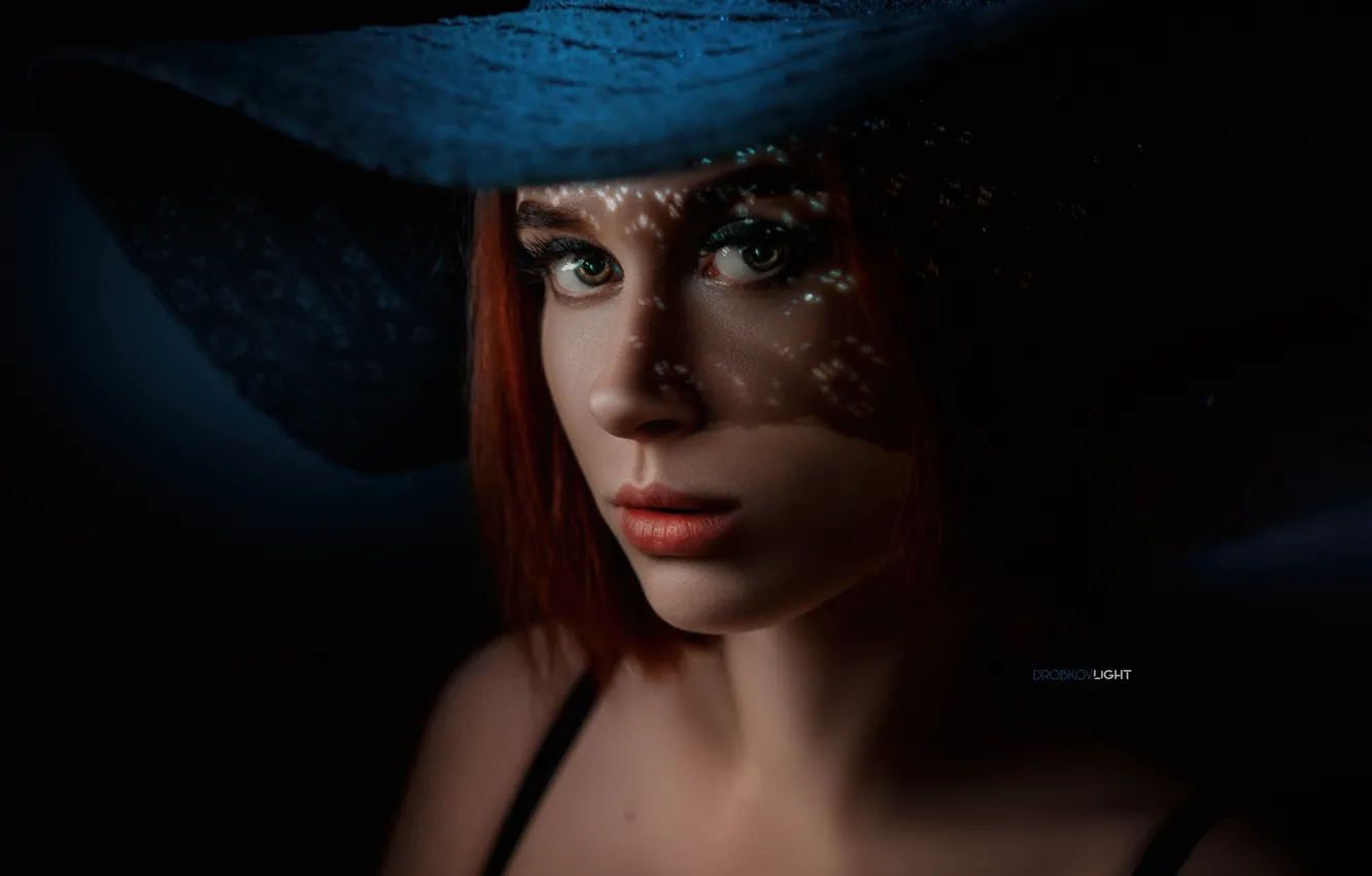 Photo wallpaper eyes, look, hair, Girl, hat, red, shoulders, Alexander Drobkov-Light