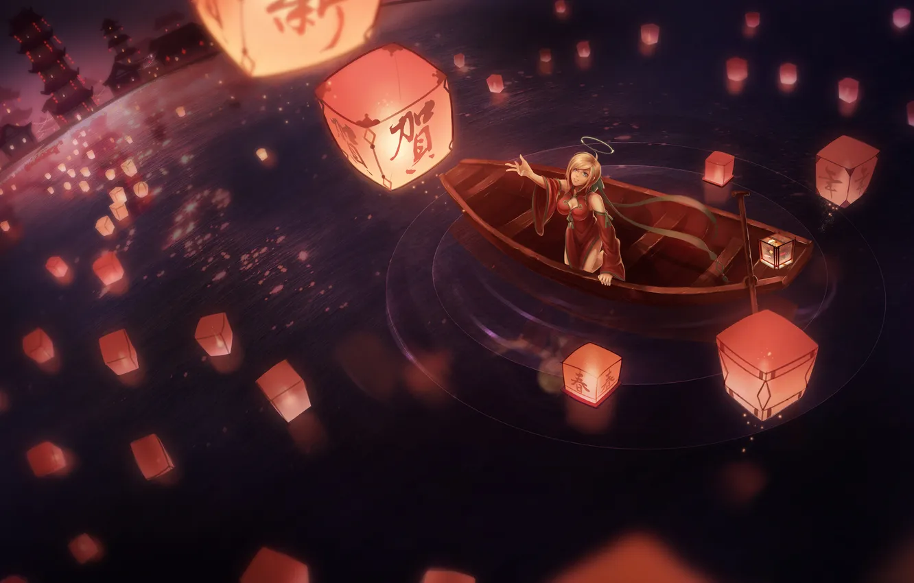 Photo wallpaper girl, night, the city, smile, boat, lights, gesture, art