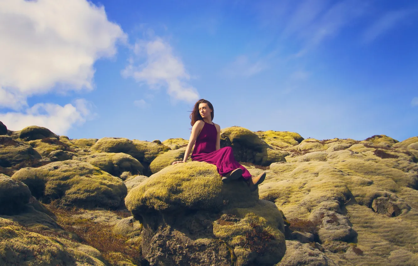 Photo wallpaper the sky, eyes, girl, clouds, stones, hair, lips, mucus