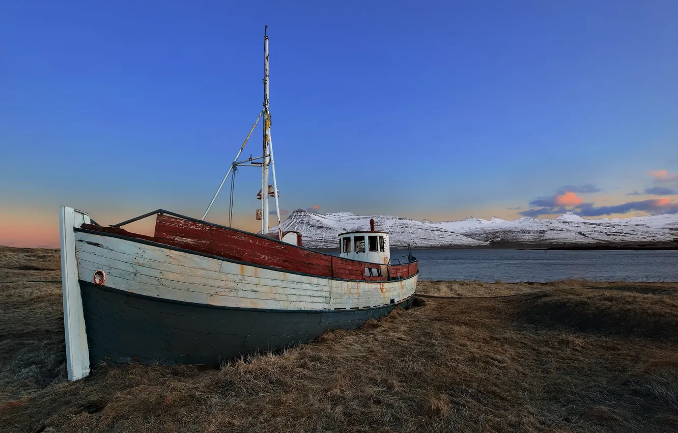 Photo wallpaper the sky, snow, mountains, lake, boat