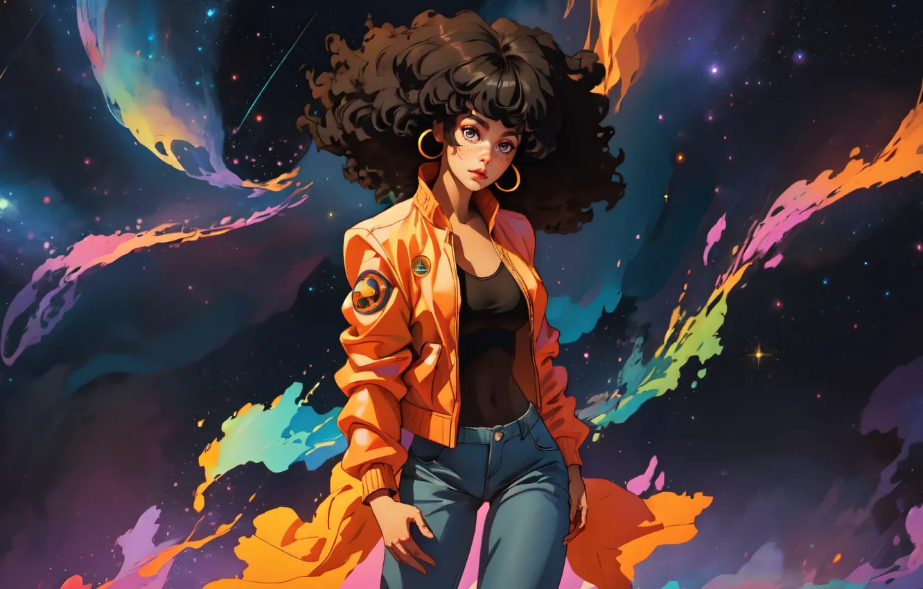 Photo wallpaper abstract, freckles, masterpiece, black skin, afro, 1girl, abstract dimension, dynamic angle