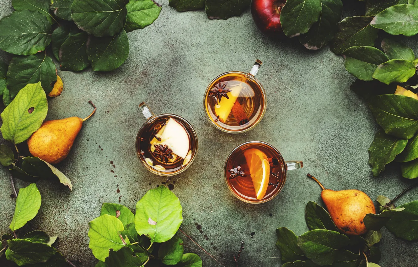 Photo wallpaper leaves, branches, lemon, tea, apples, Cup, drink, cinnamon