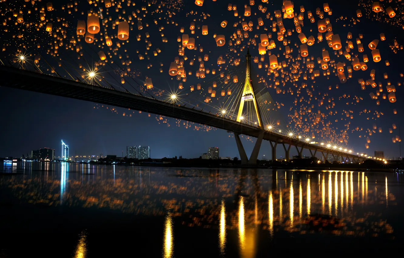 Photo wallpaper night, bridge, city, the city, lights, lights, reflection, river