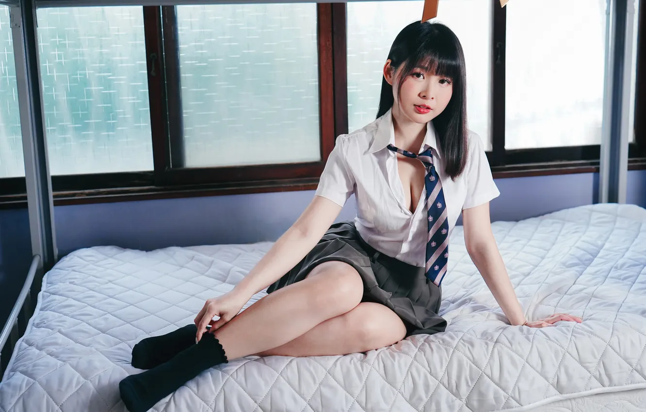 Photo wallpaper girl, skirt, tie, blouse, legs, Asian