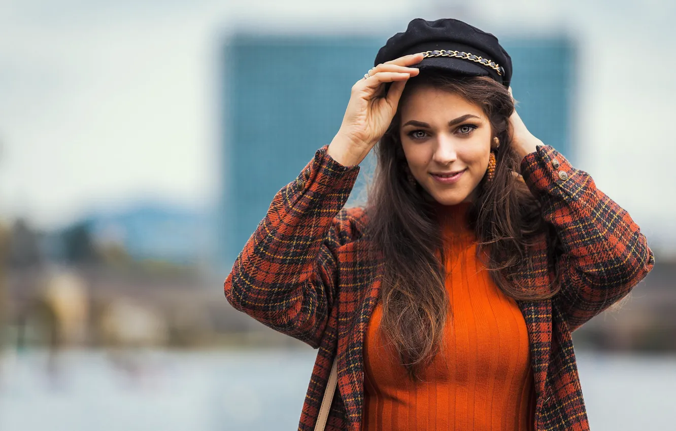 Photo wallpaper girl, hair, cap, brown hair, coat, Elena