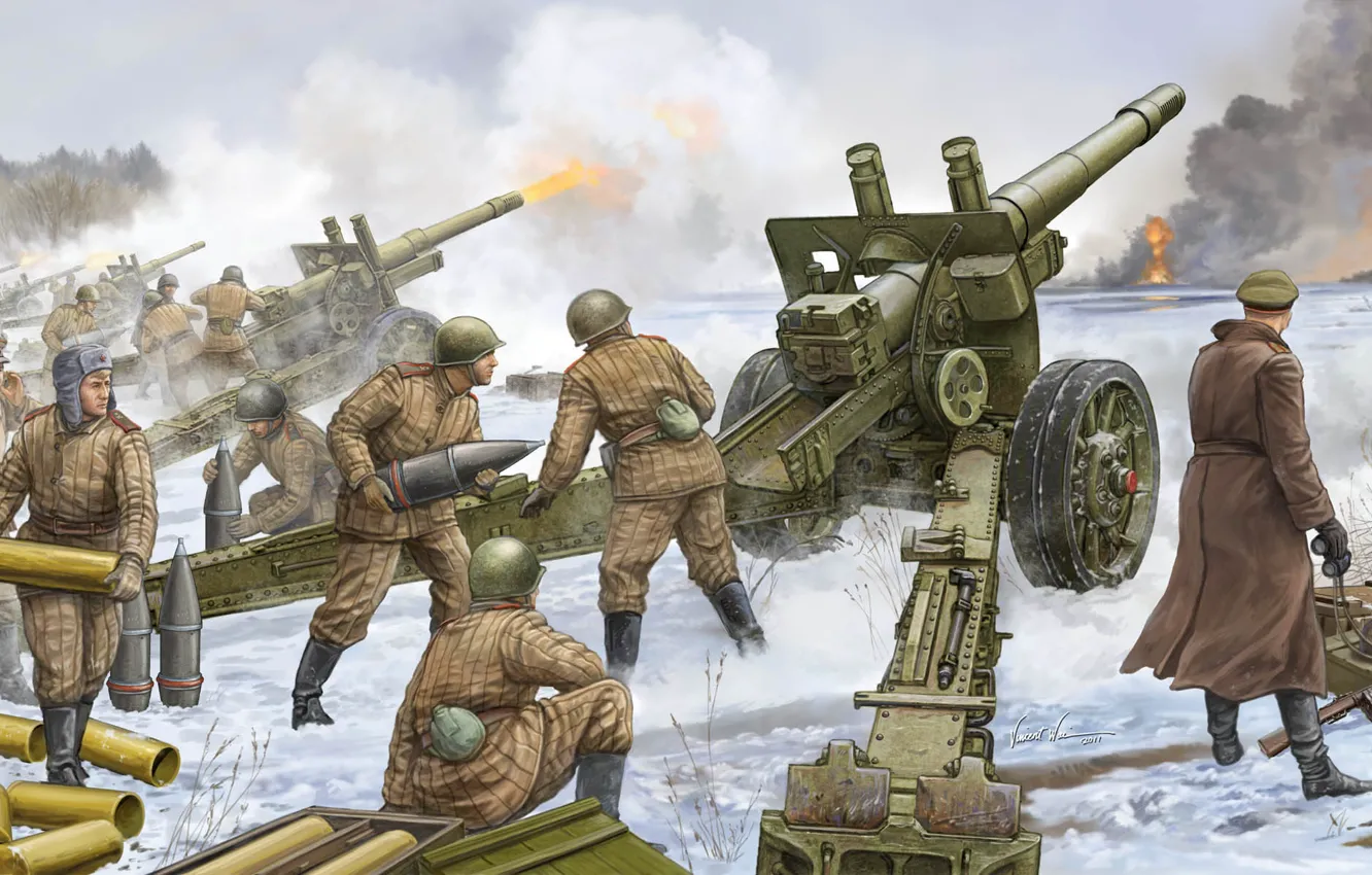 Photo wallpaper figure, soldiers, The great Patriotic war, Howitzer, The Red Army