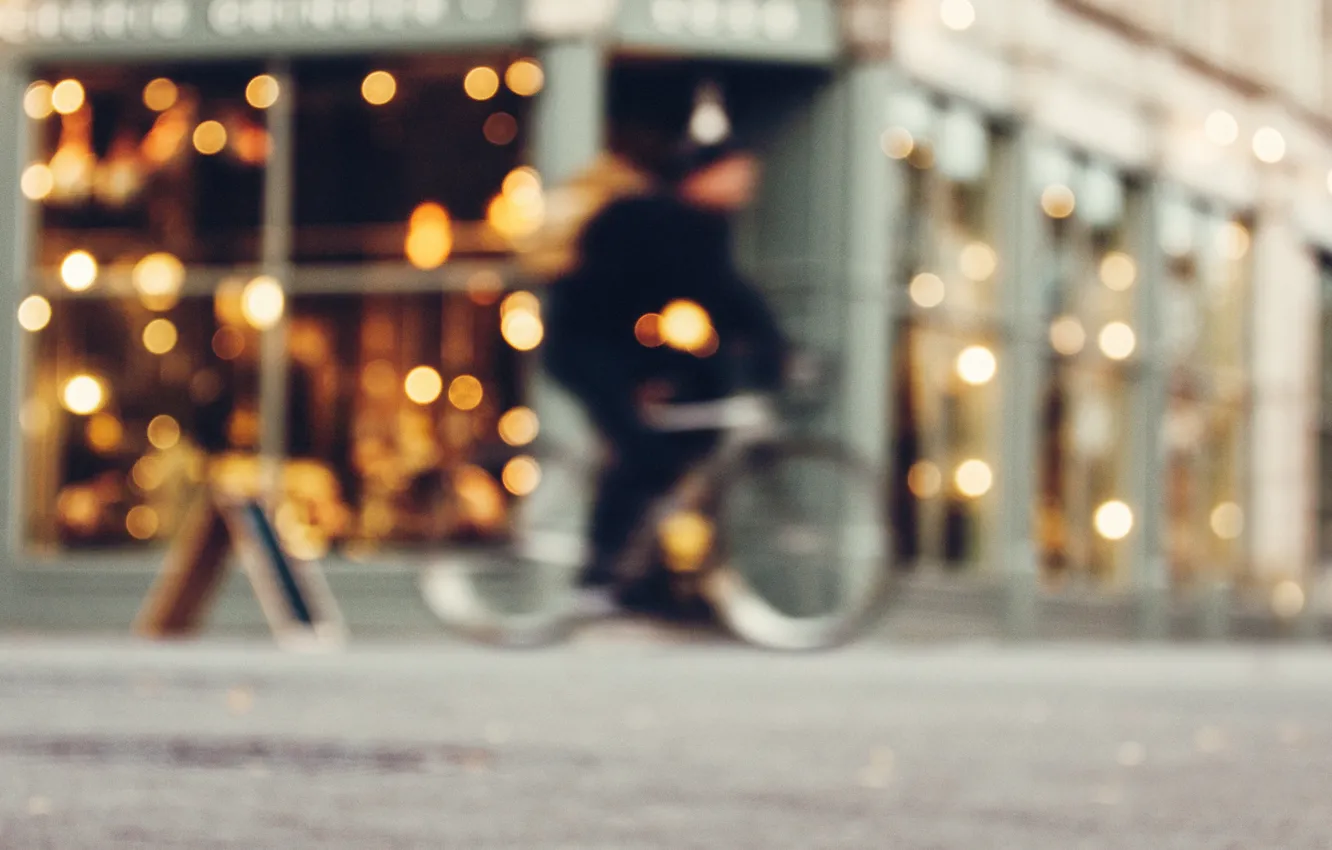 Photo wallpaper the city, lights, bokeh, velosipedist