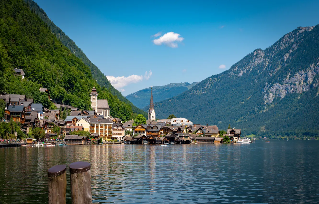 Photo wallpaper mountains, lake, building, home, Austria, Alps, town, Austria