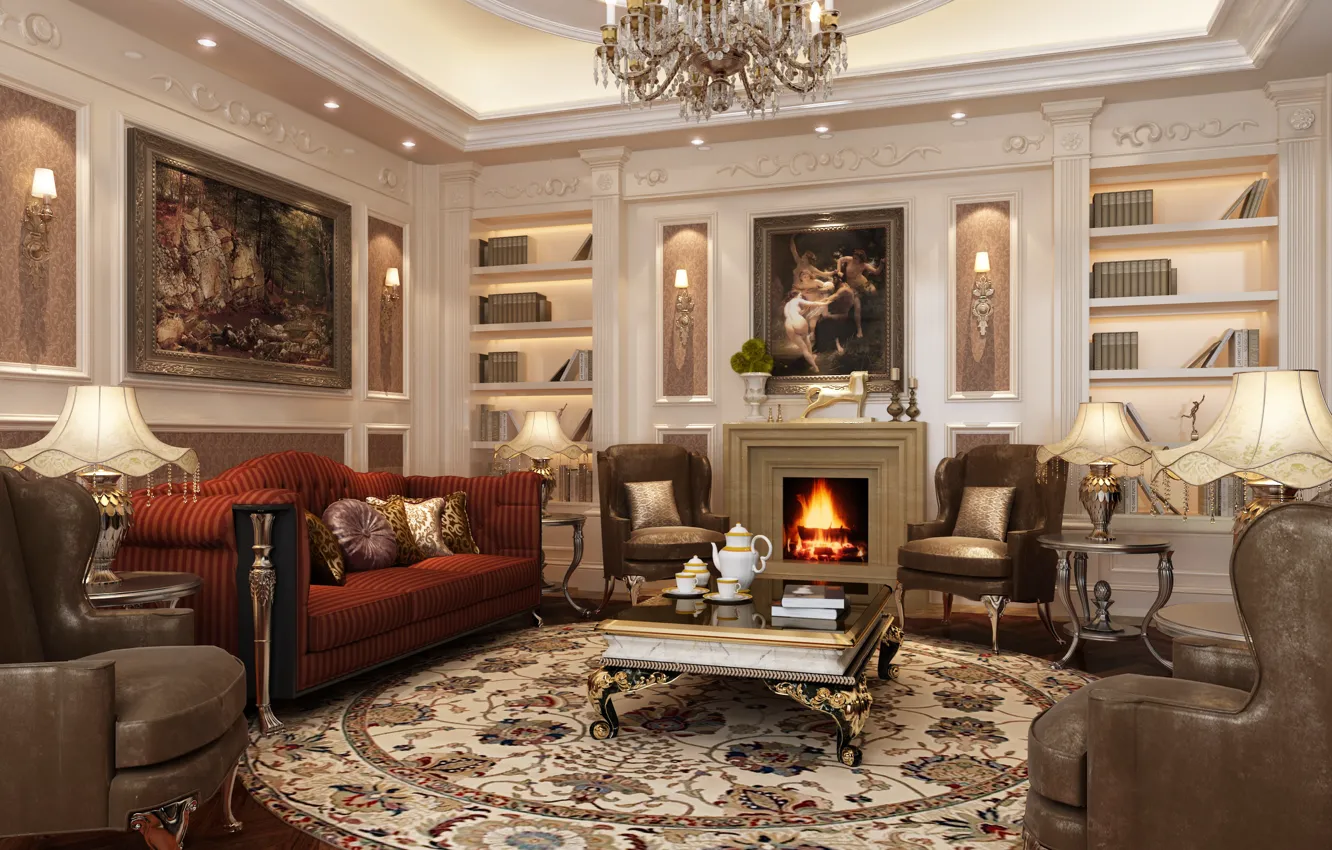Photo wallpaper sofa, Villa, interior, picture, chair, chandelier, luxury, living room