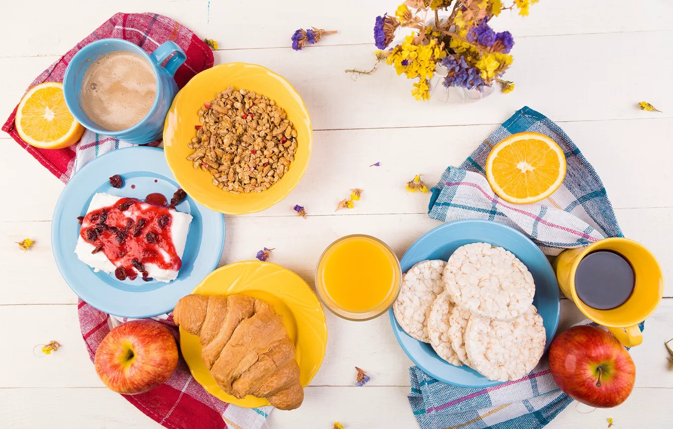 Photo wallpaper orange, Breakfast, juice, apples, coffee, muesli