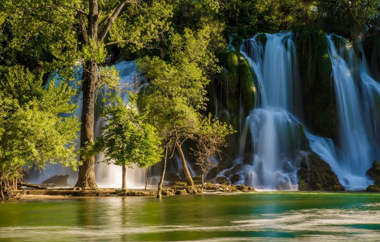Photo wallpaper trees, river, waterfall, Bosnia and Herzegovina, Bosnia and Herzegovina, Kravice Falls, Trebizat river