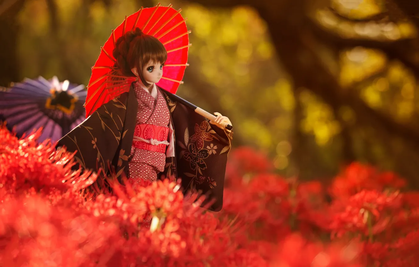 Photo wallpaper flowers, red, umbrella, Japanese, doll, costume