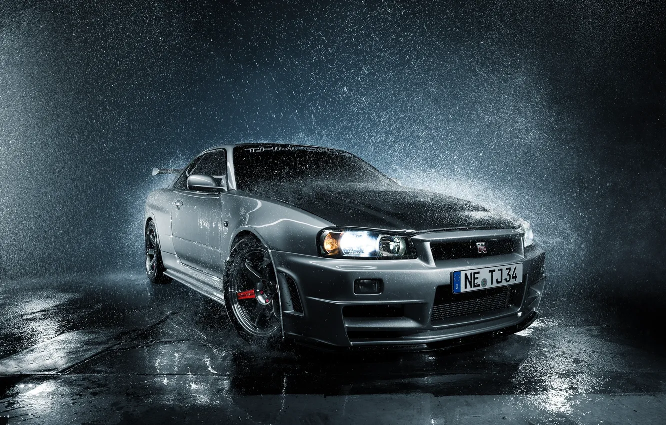 Photo wallpaper GTR, Nissan, Skyline, front, R34, silvery, droplets of water, PEOPLE