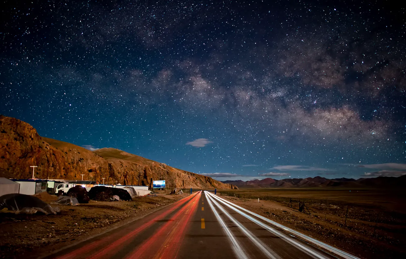 Photo wallpaper road, the sky, stars, mountains, night, China, china