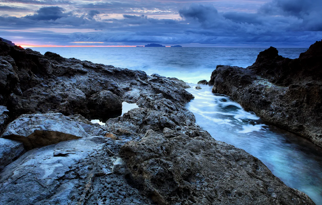 Photo wallpaper sea, the sky, water, Islands, clouds, rocks, Portugal, sunrise