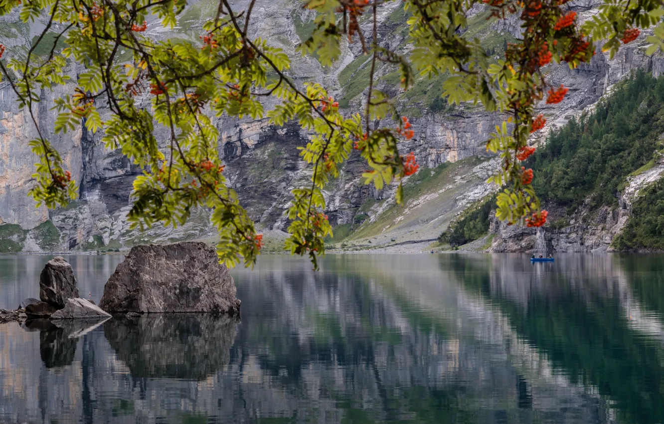 Photo wallpaper autumn, branches, lake, stones, boat, Switzerland, fishermen, Switzerland