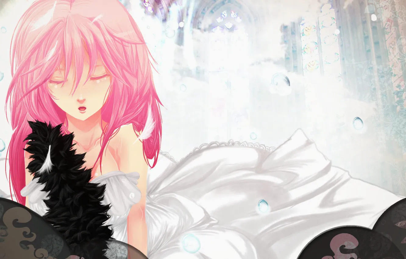 Photo wallpaper girl, pattern, figure, feathers, dress, guilty crown, pink hair, inori yuzuriha