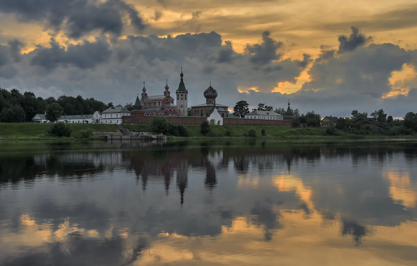 Photo wallpaper summer, the sky, clouds, landscape, nature, river, the evening, the monastery