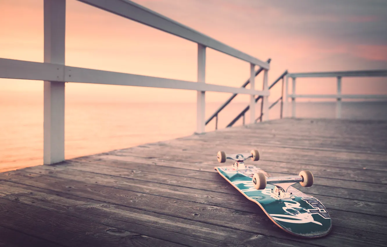 Photo wallpaper sea, sunrise, pierce, skateboard