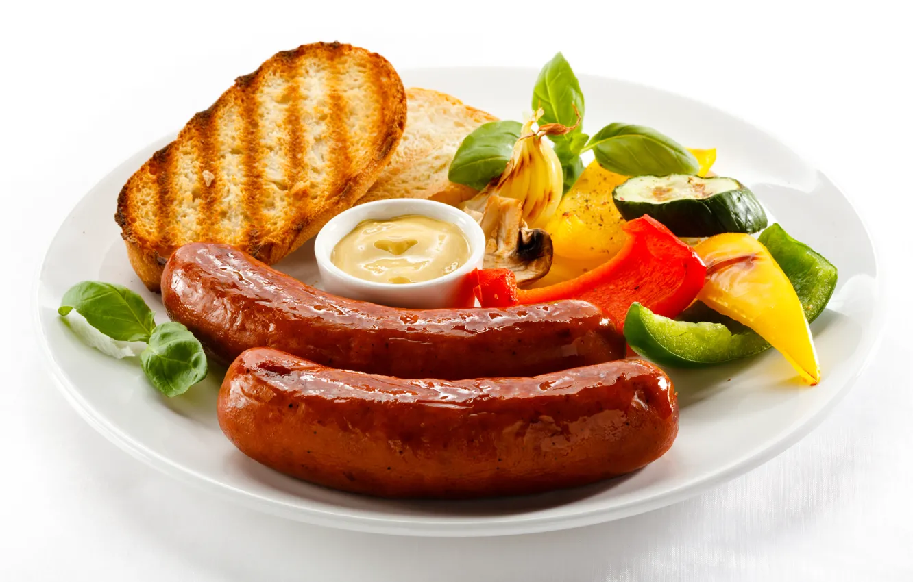 Photo wallpaper sausage, food, bread, vegetables, sauce