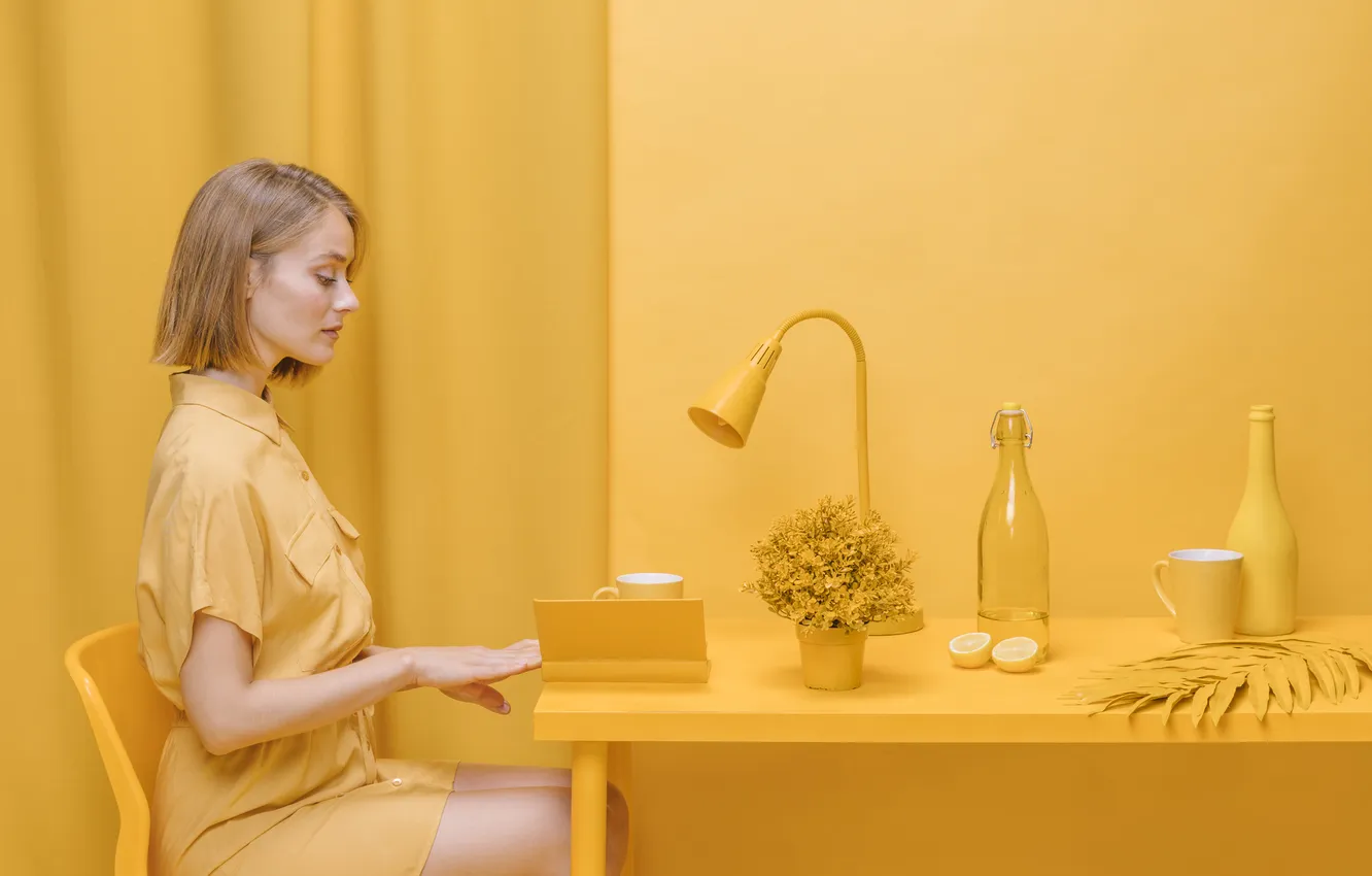 Photo wallpaper woman, yellow, scene, book, reading