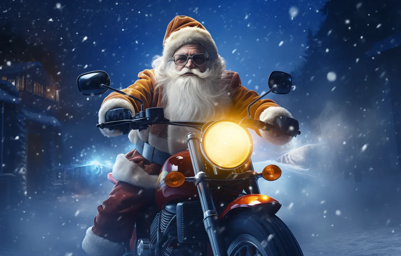 Photo wallpaper winter, snow, new year, Christmas, motorcycle, Santa Claus, motorcyclist, Santa Claus