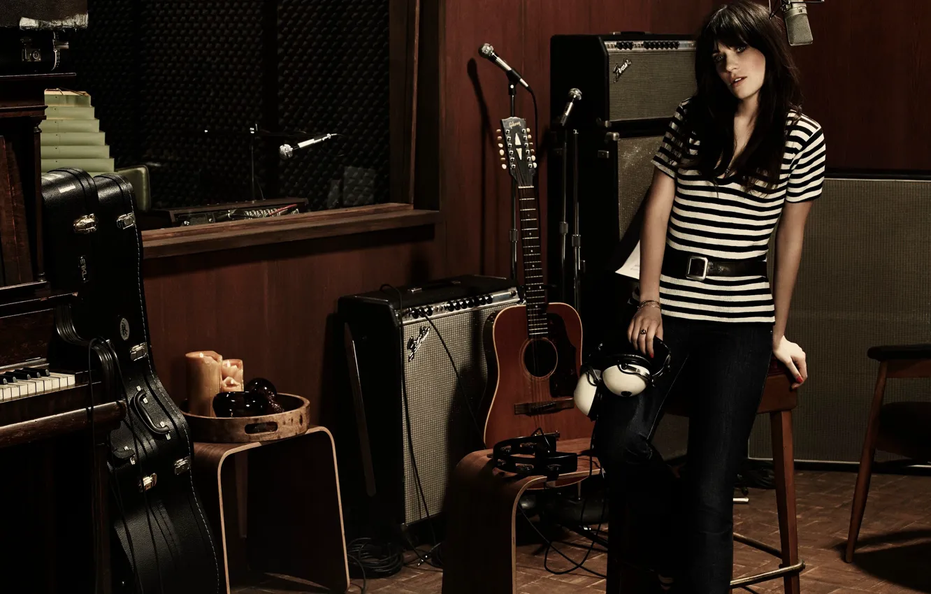 Photo wallpaper guitar, headphones, actress, brunette, singer, piano, acoustics, Zooey Deschanel