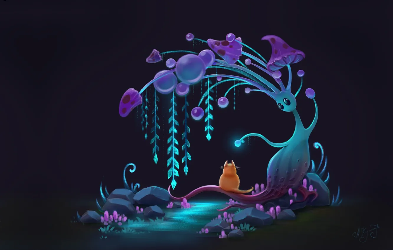 Photo wallpaper cat, night, fantasy, art, children's, Anna Kummer, Curious cat