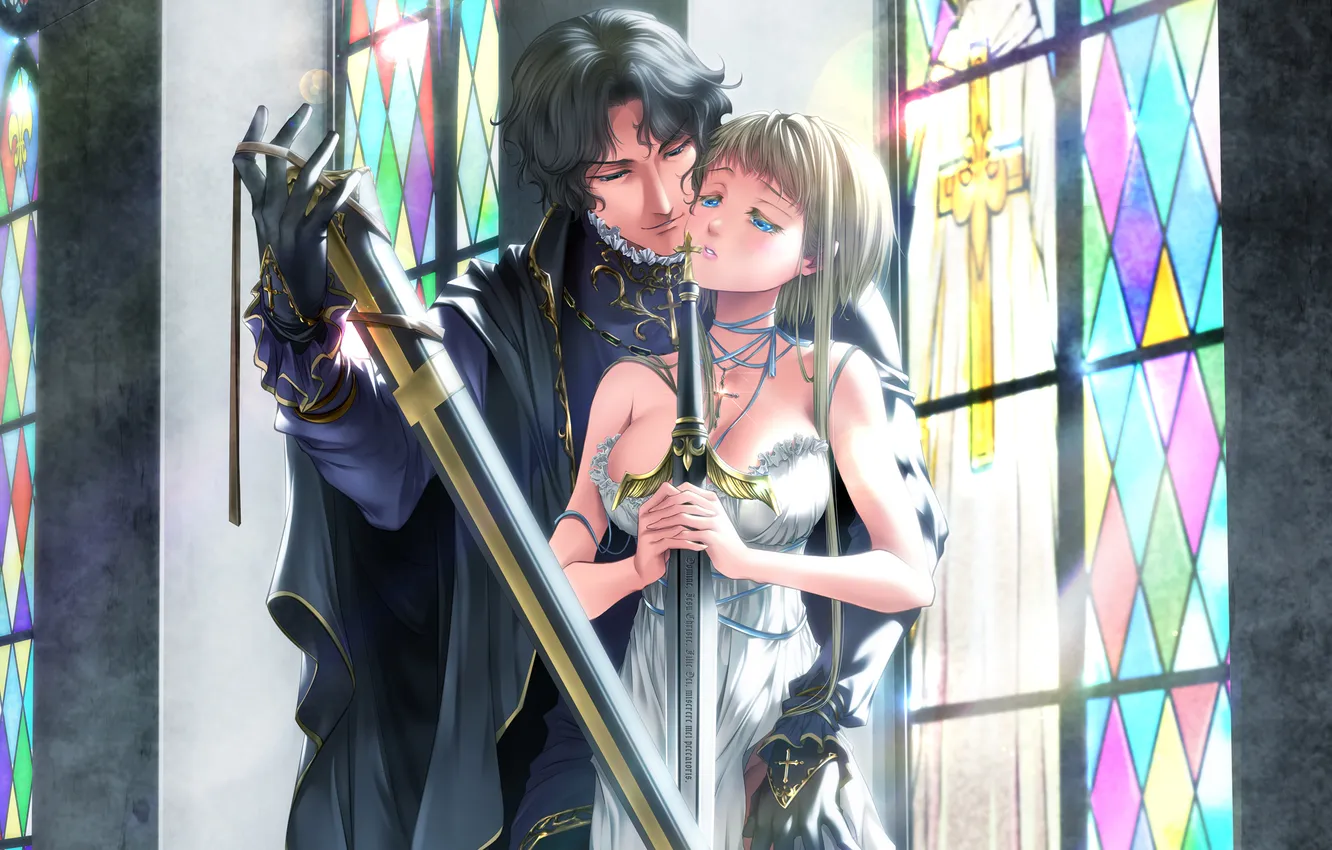 Photo wallpaper girl, the inscription, cross, sword, window, stained glass, tape, male