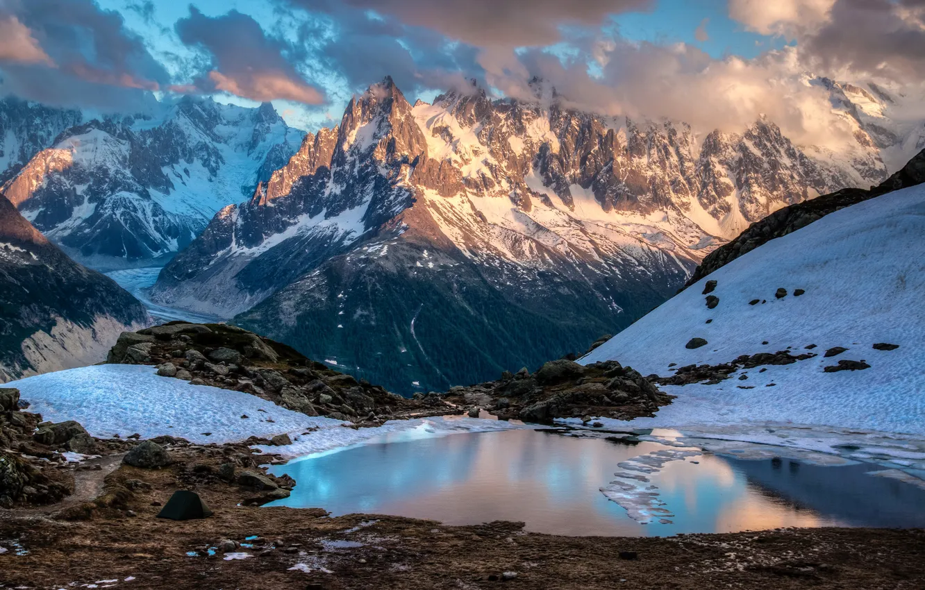 Photo wallpaper snow, mountains, lake, stones, rocks, France, glacier, gorge