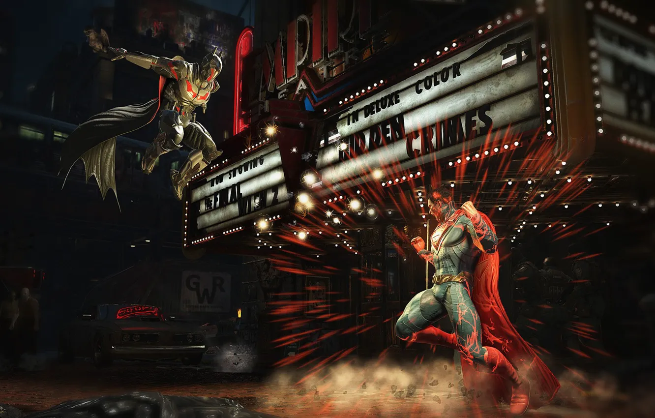 Photo wallpaper city, battlefield, game, Batman, fight, bat, Superman, hero