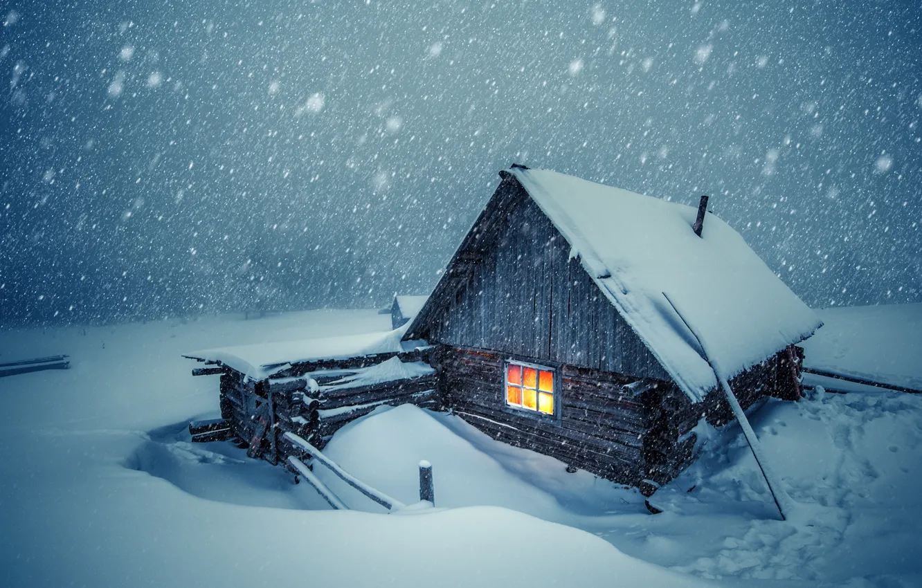 Photo wallpaper winter, snow, cold, cabin