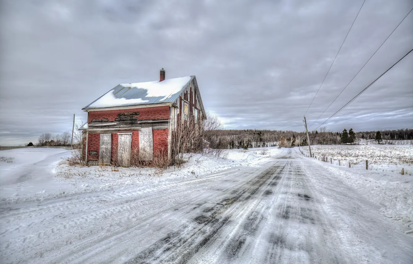 Photo wallpaper winter, road, house