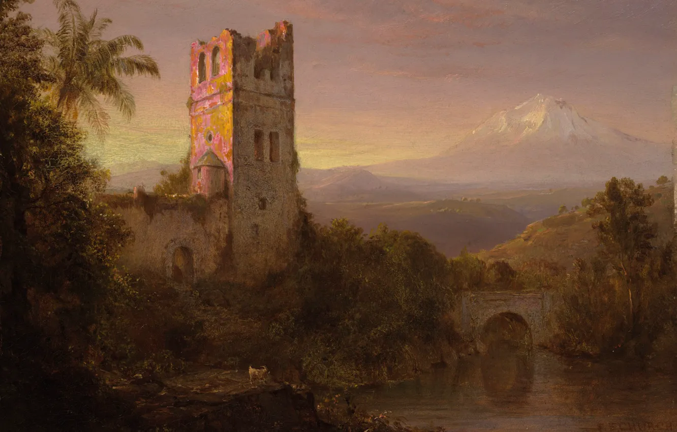 Photo wallpaper landscape, bridge, tower, mountain, picture, Frederic Edwin Church, The Chimborazo Volcano
