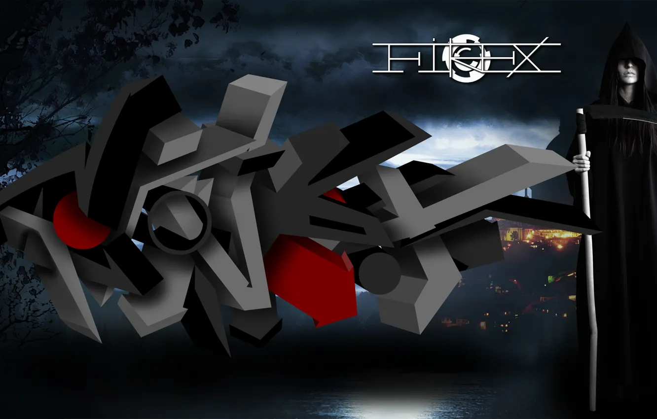 Photo wallpaper girl, night, the inscription, logo, graffiti, the grim Reaper, FireX