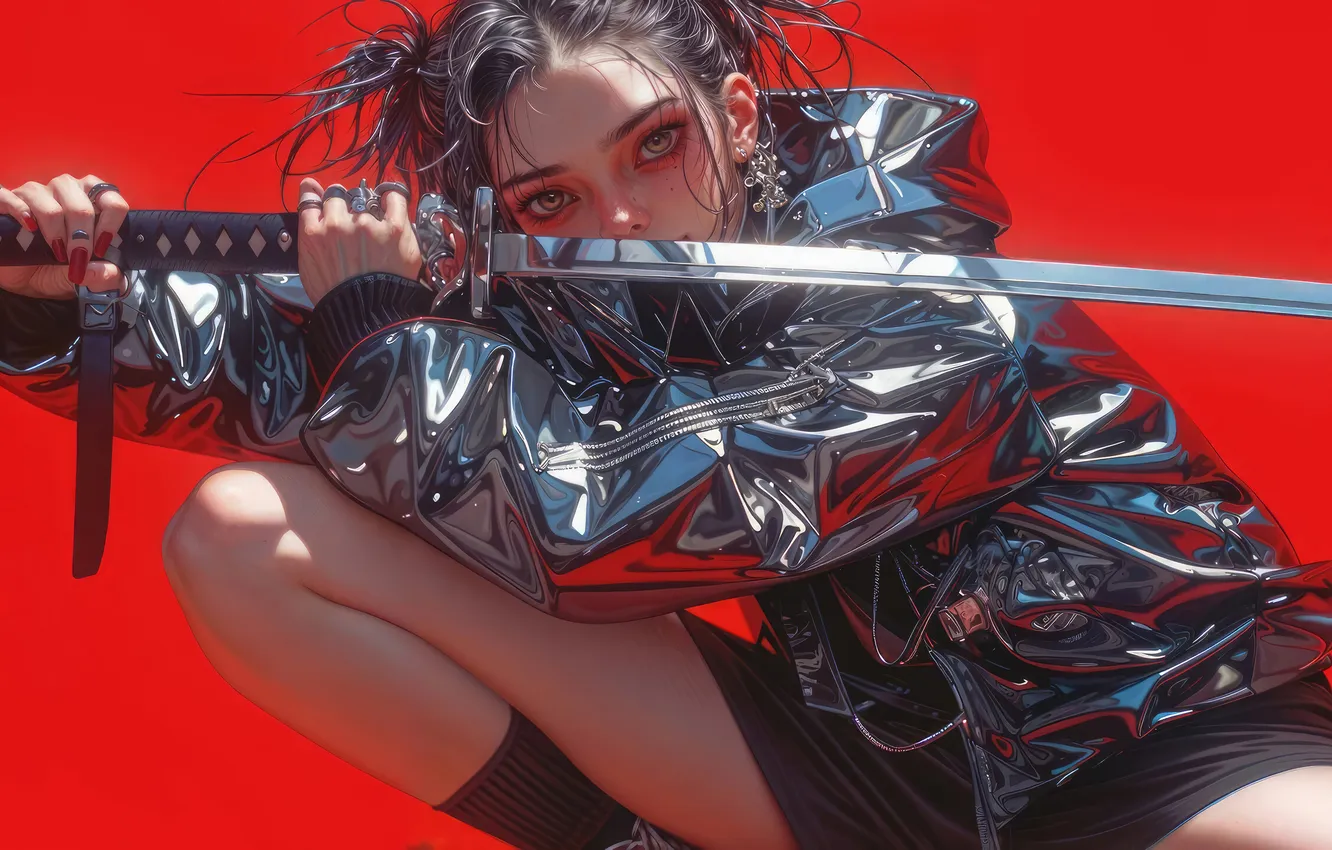 Photo wallpaper anime, katana, anime girls, looking at viewer, AI Art