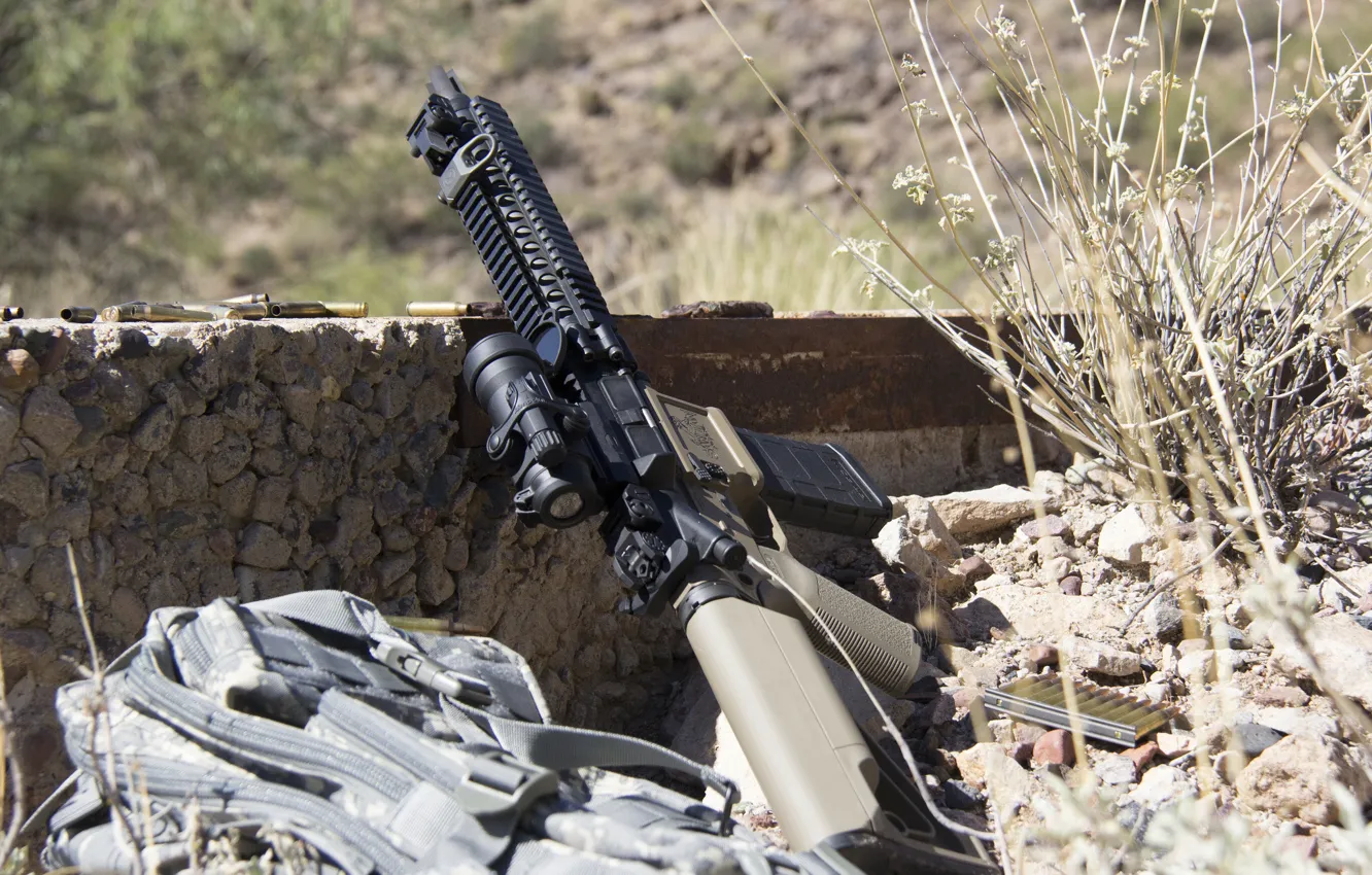 Photo wallpaper grass, stones, machine, bag, sleeve, assault rifle