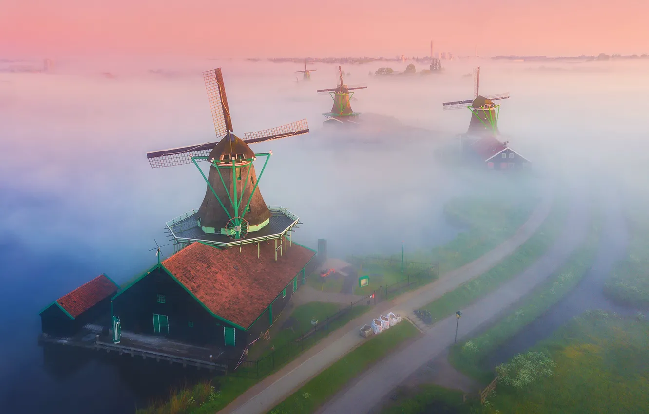 Photo wallpaper road, fog, channel, mill, Magic Windmills