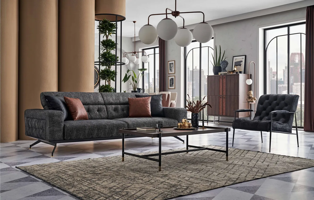 Photo wallpaper design, interior, chair, sofa, megapolis, living room, dining room, modern urban style